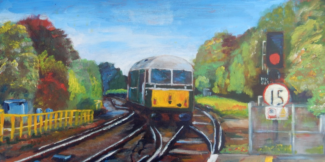 Painting of train as seen from the platform